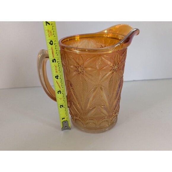 Vintage Iridescent Gold Carnival Glass Pitcher Embossed Floral 6" Tall - Picture 5 of 5